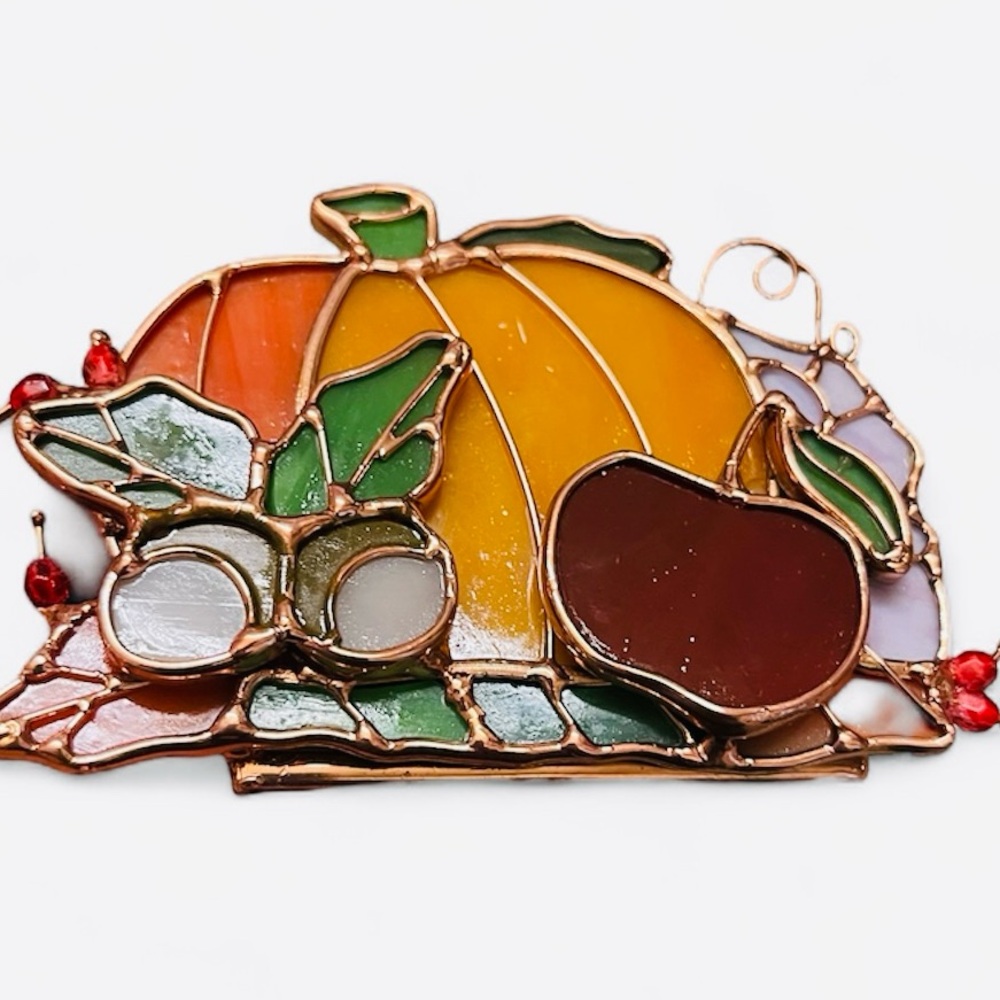 Vintage Small Stained Glass Pumpkin Autumn Tealight Holder Fall Apple Acorns - Picture 7 of 8